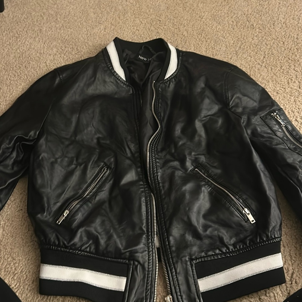 New Look Black Faux Leather Bomber Jacket Size M